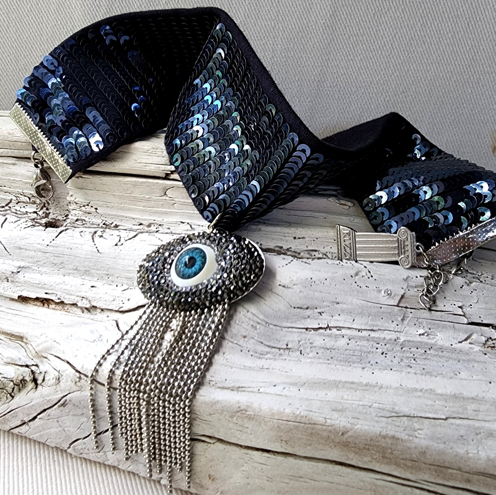 Blue Evil Eye Designer Necklace Sequins Choker Silver plated Tassel